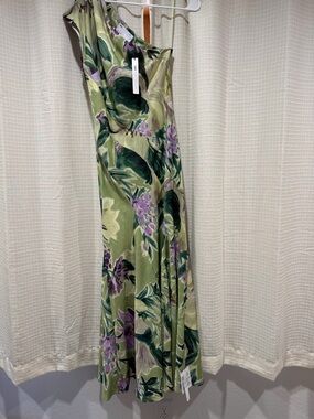 ASOS One-Shoulder Green Floral Midi Dress with Purple Accents